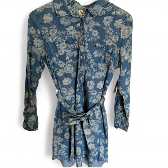Faded Glory Dresses & Skirts - New With Tags Y2K Boho Floral Chambray Belted Button-Up Collared Dress Size S